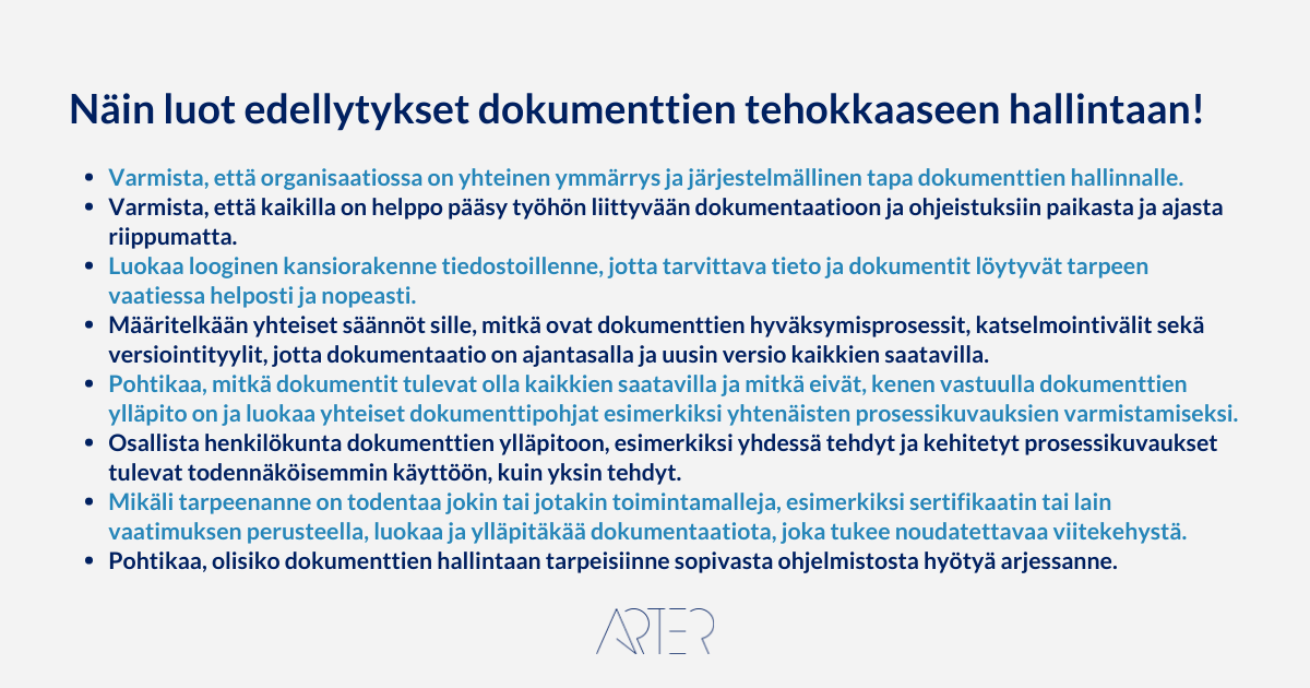 Näin luot edellytykset dokumentaation tehokkaalle hallinnalle, Arter Oy