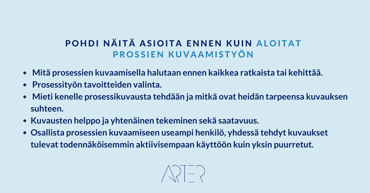 Muistilista - pohdi näitä asioita ennen prosessien kuvaamistyön aloittamista, Arter Oy