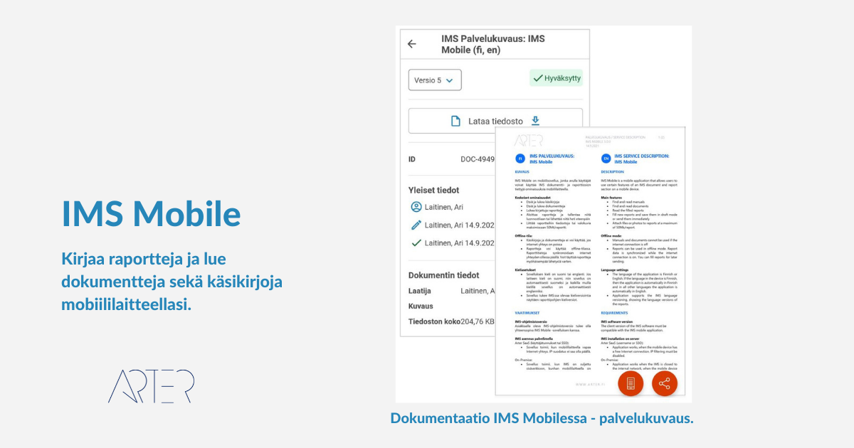 Dokumentaation lukeminen IMS Mobilessa. KLIKKAA KUVA ISOMMAKSI. IMS Mobile - IMS-ohjelmiston mobiilisovellus, Arter Oy